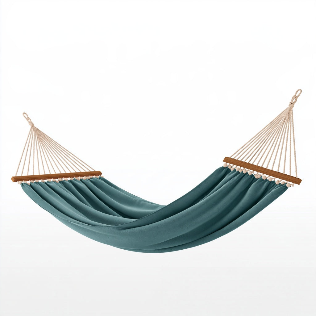 Hängematte 300 x 100 cm Petrol Textil mit Holzspreizstäben für Garten und Balkon