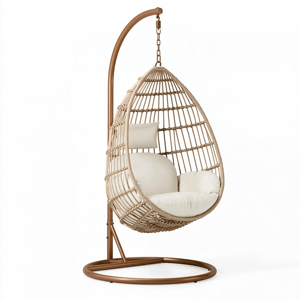 Hängesessel 105 x 105 x 195 cm mit Metallgestell Seilgeflecht Beige für den Innenbereich