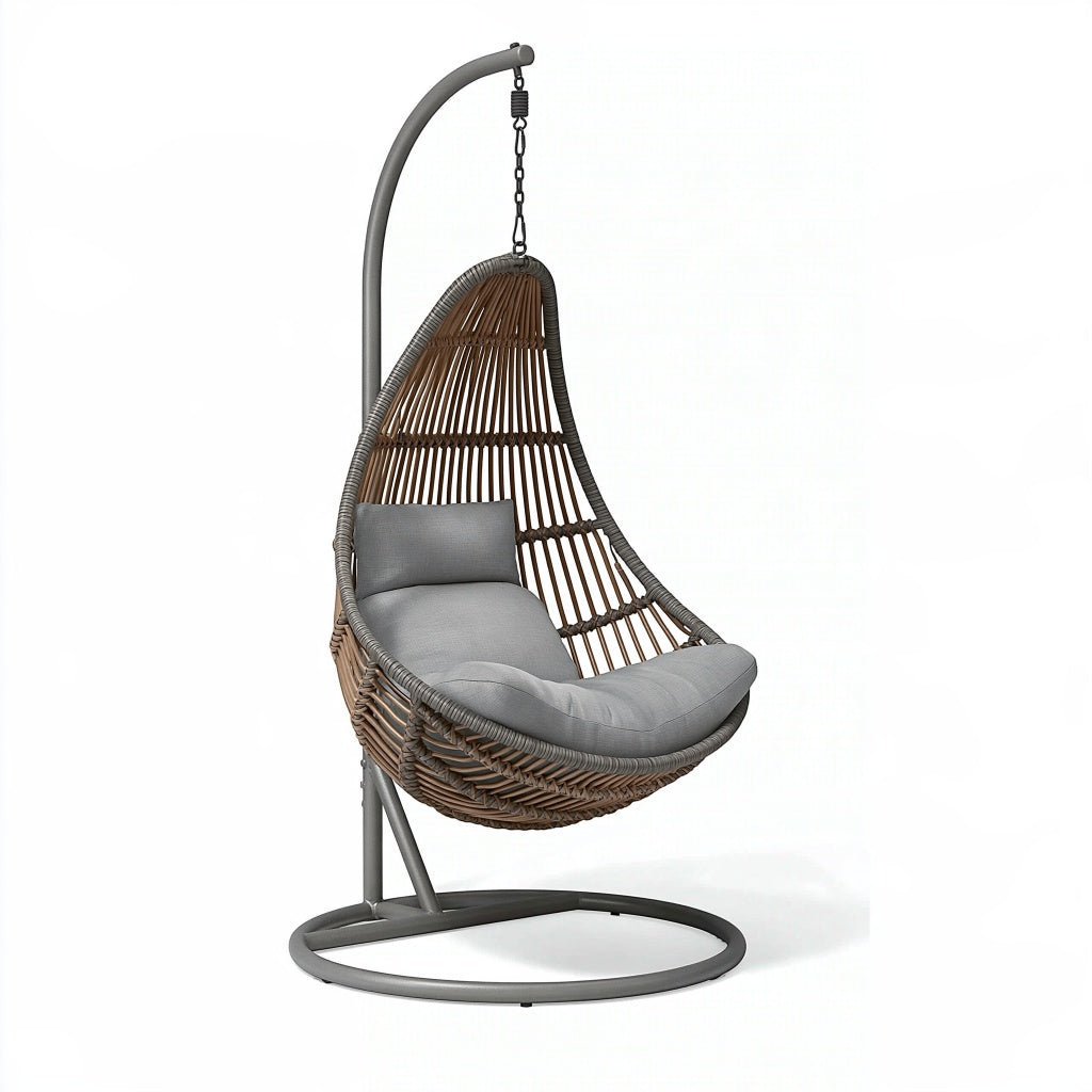 Hängesessel 105 x 105 x 195 cm Geflecht Metall Grau Braun mit Standgestell Boho Schaukelstuhl