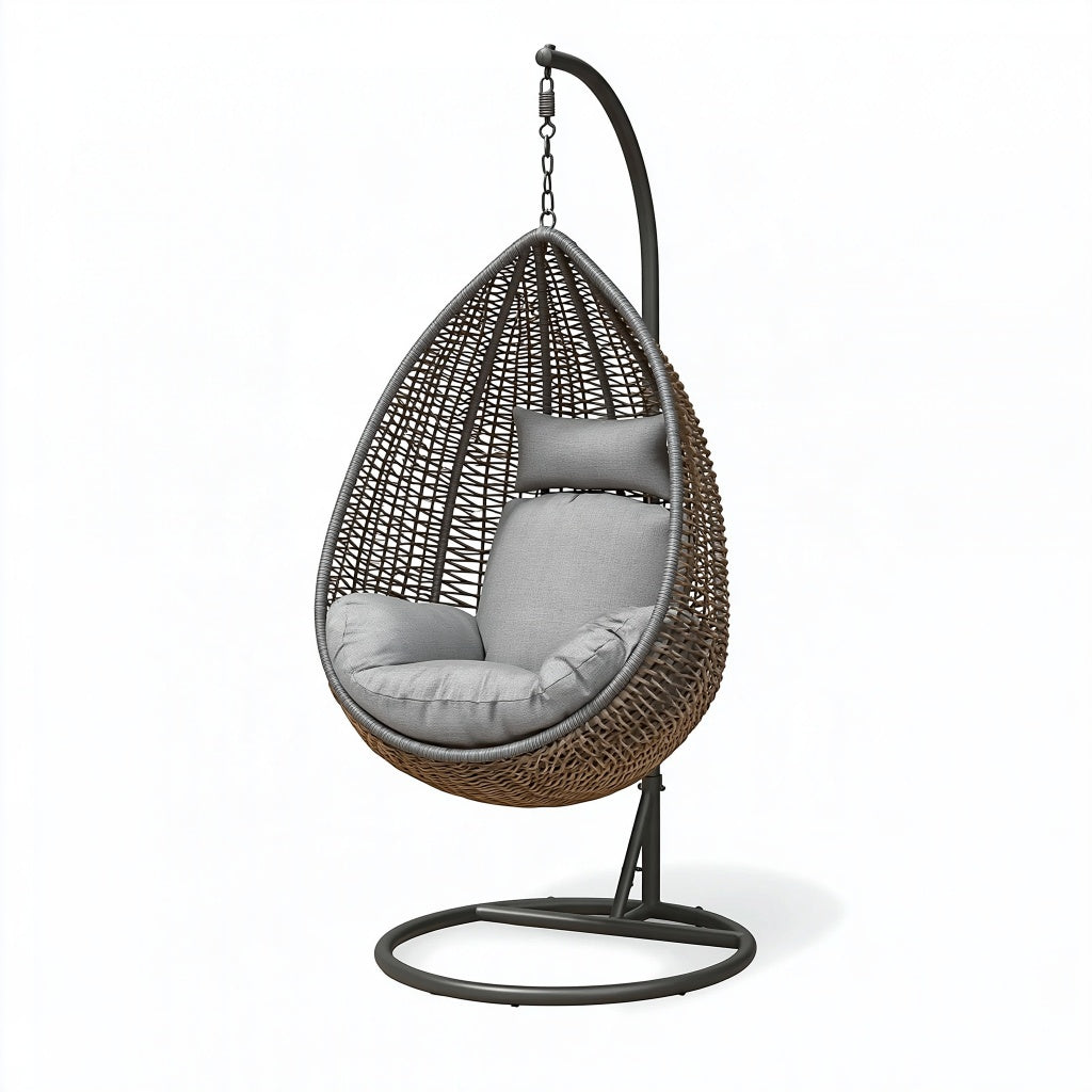 Hängesessel 105 x 105 x 195 cm Kunststoffgeflecht Braun Grau mit Stahlgestell für Wohnbereiche
