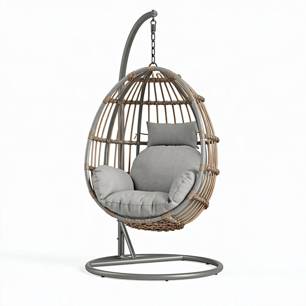 Hängesessel 105 x 105 x 195 cm aus Rattan und Stahl in Grau Naturbeige mit Standgestell