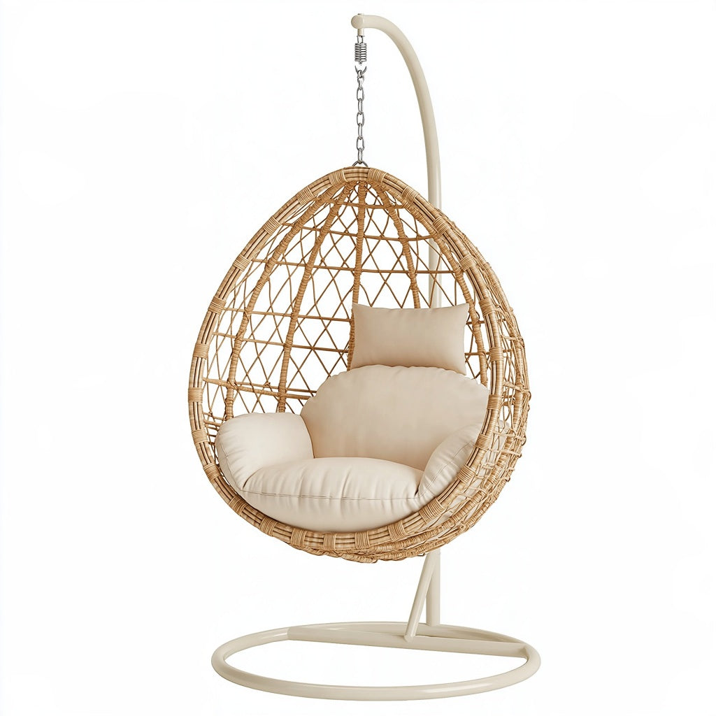 Hängesessel 105 cm Rattan Naturbraun Creme mit Metallgestell Boho